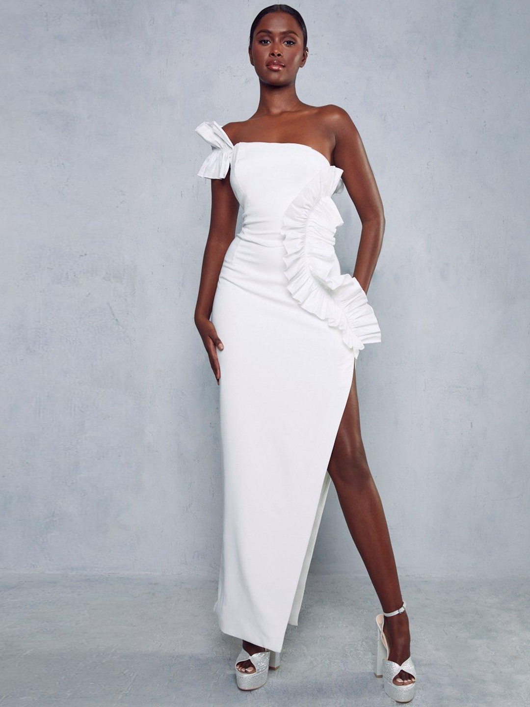 

MISSPAP Ruffled Sheath Maxi Dress, White
