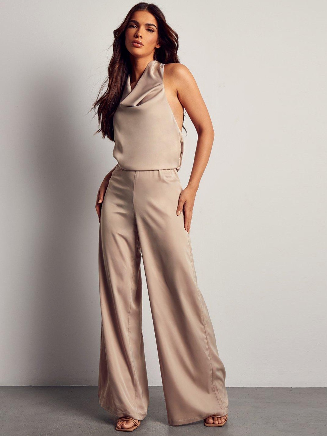 

MISSPAP Women Satin Halter Neck Basic Jumpsuit, Beige