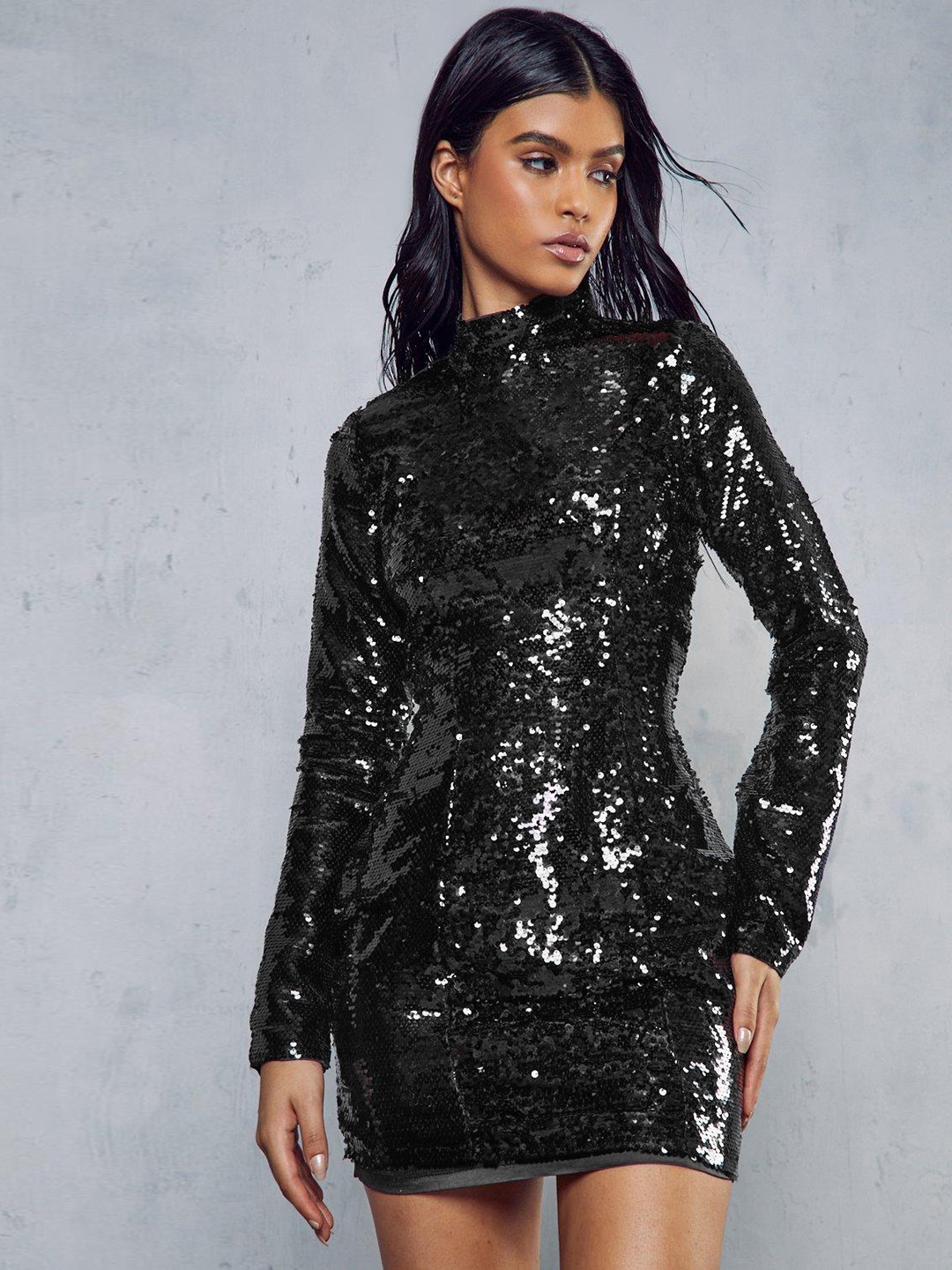 

MISSPAP Embellished Mermaid Sequin PU Coated Sheath Mini Dress, Black