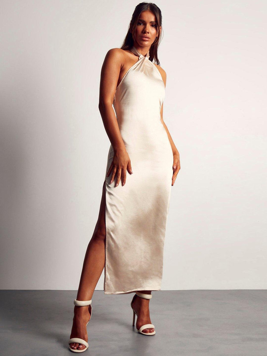 

MISSPAP Halter Neck Slit Satin Maxi Dress, Cream