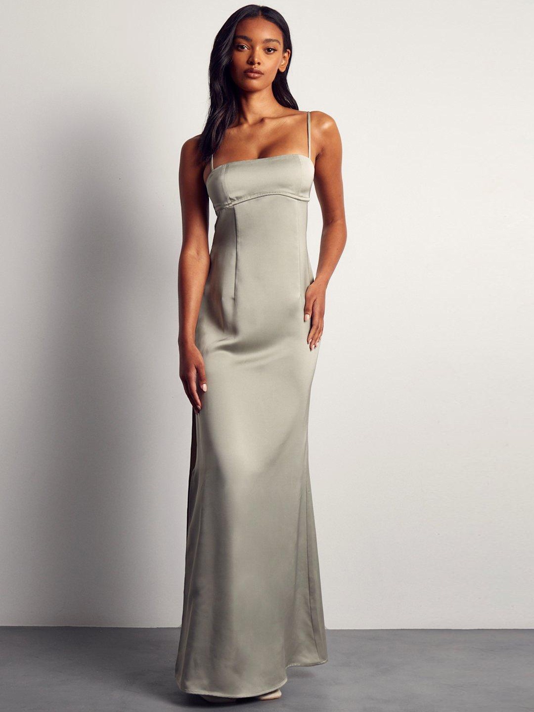 

MISSPAP Slit Satin Maxi Dress, Green