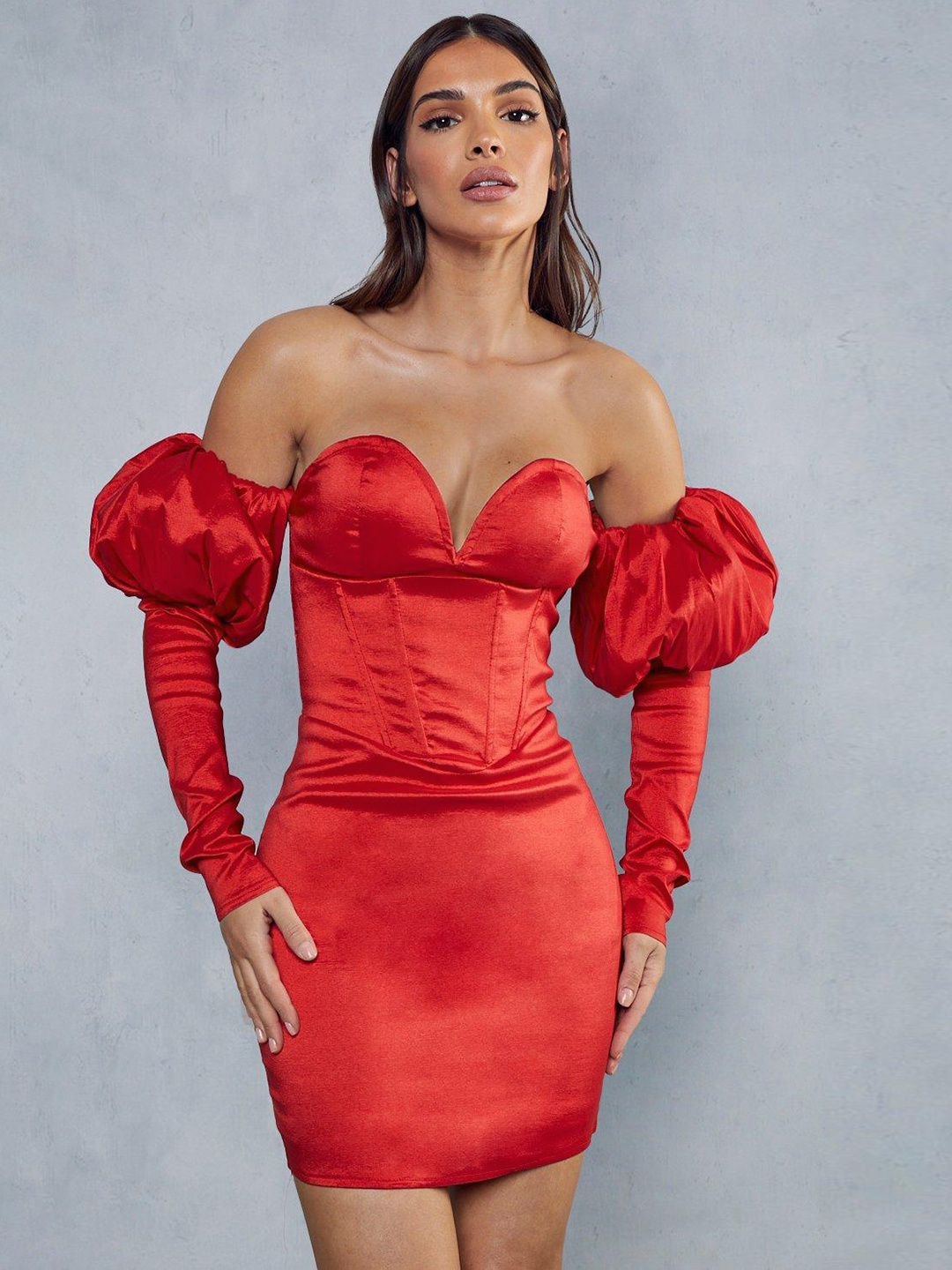 

MISSPAP Off-Shoulder Plunge Satin Bodycon Corset Mini Dress, Red