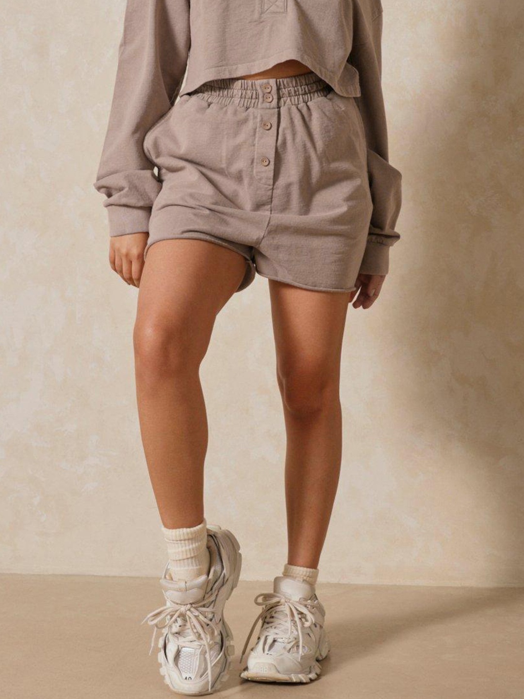 

MISSPAP Button Detail Pure Cotton Shorts, Beige