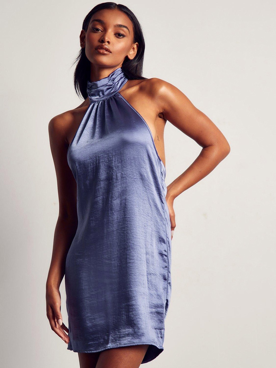 

MISSPAP Halter Neck Satin Backless Sheath Mini Dress, Violet