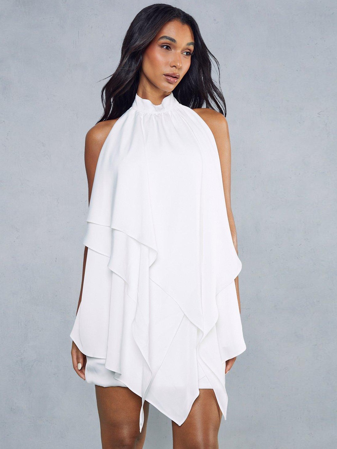

MISSPAP Satin Finish Asymmetric Hem Halter Neck A-Line Layered Mini Dress, White
