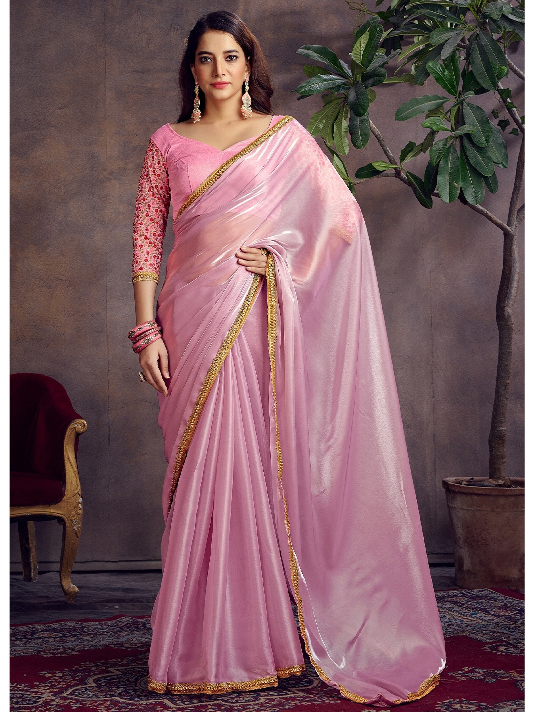 

Mitera Pink Sequinned Organza Saree