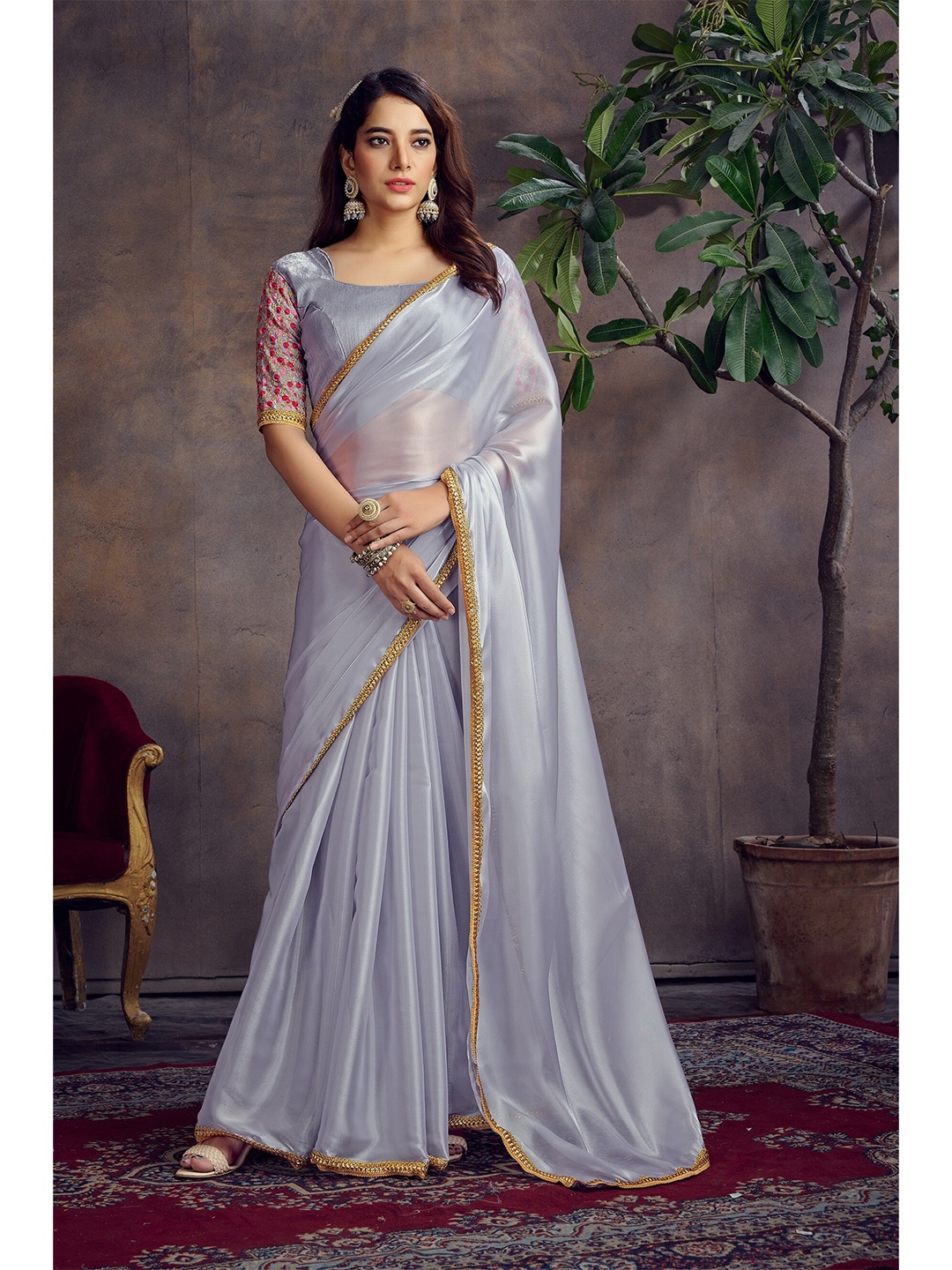 

Mitera Embellished border Organza Saree, Grey