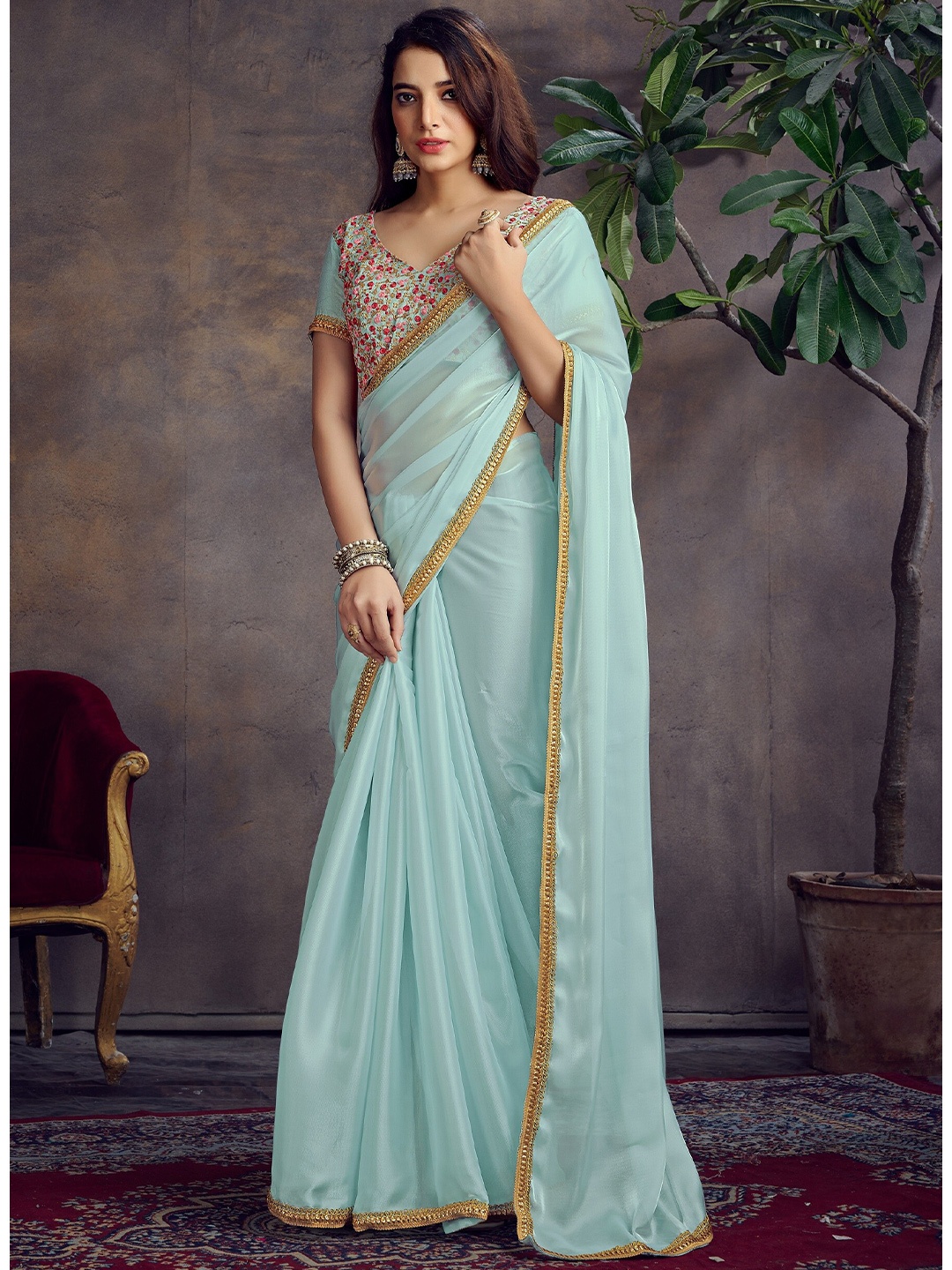 

Mitera Turquoise Blue & Gold-Toned Sequinned Organza Saree