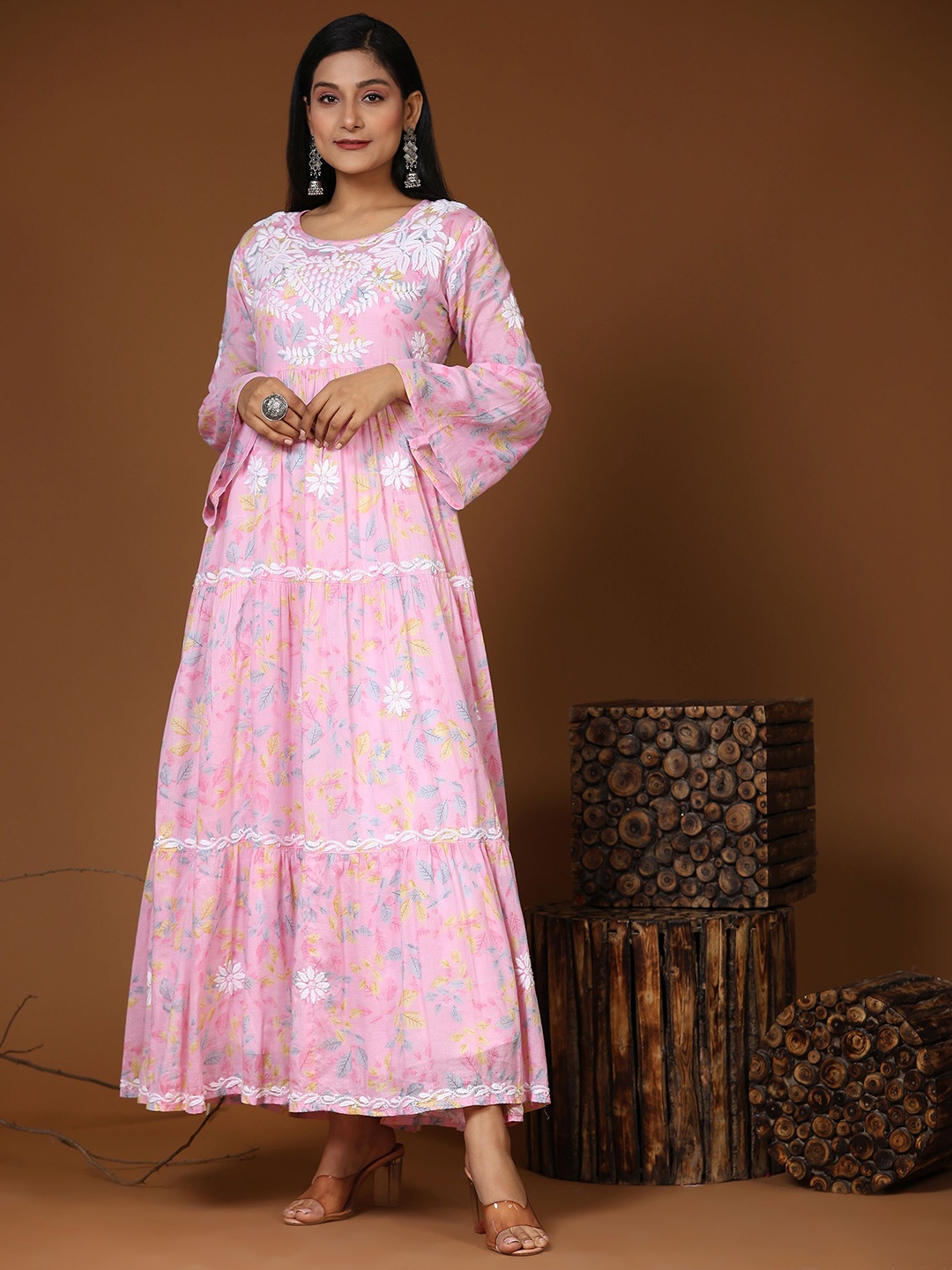 

HOUSE OF KARI Floral Print Embroiered Cotton Maxi Ethnic Dress, Pink