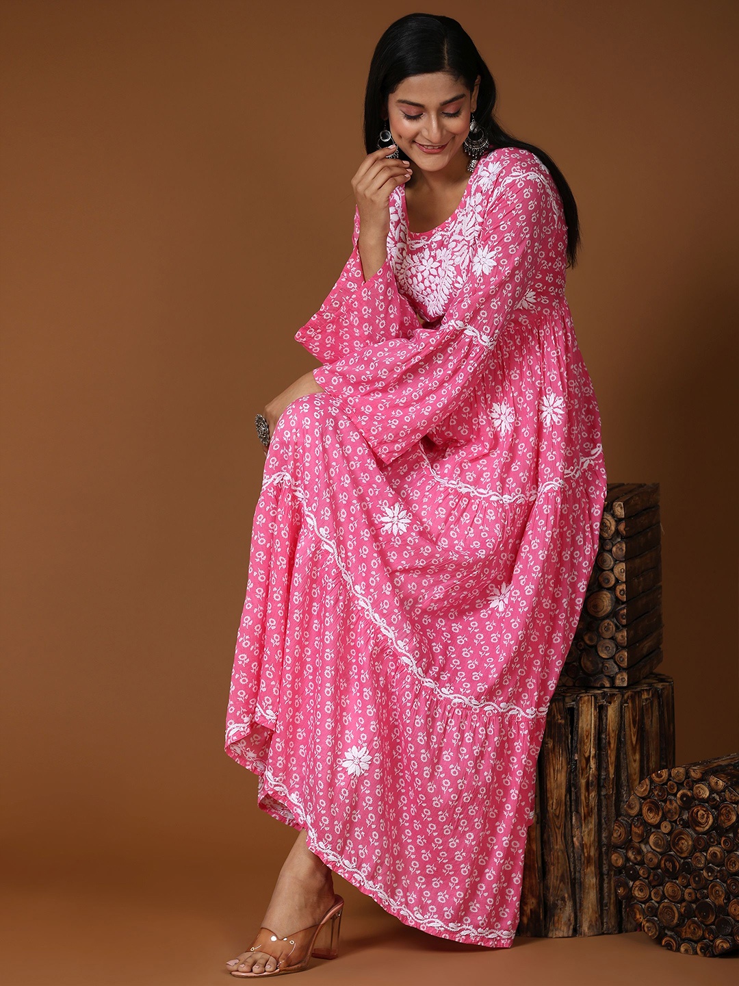 

HOUSE OF KARI Floral Printed Bell Sleeve Embroidered Pure Cotton Maxi Ethnic Dress, Pink