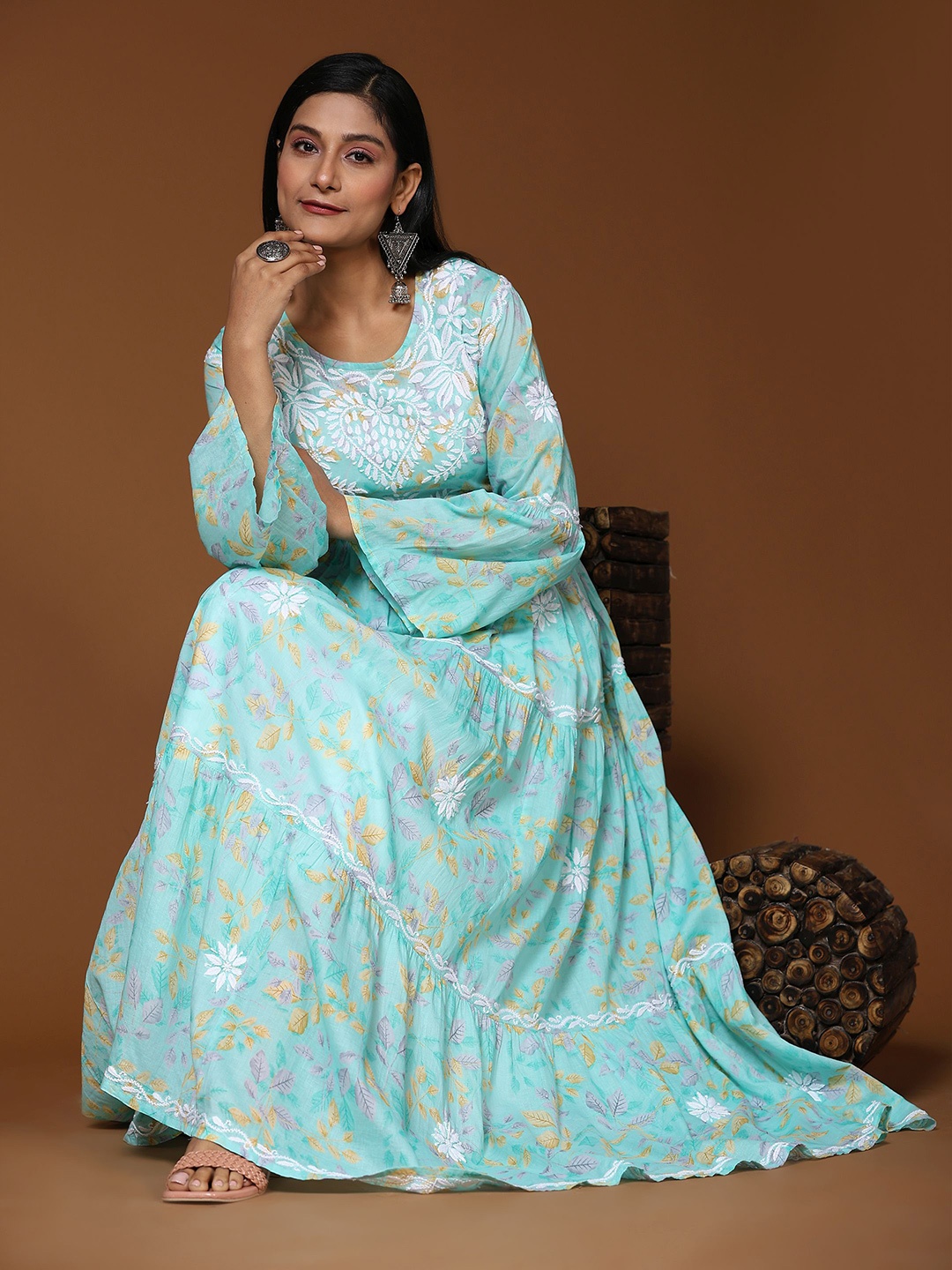

HOUSE OF KARI Floral Embroidered Tiered Fit & Flare Maxi Ethnic Dress, Blue