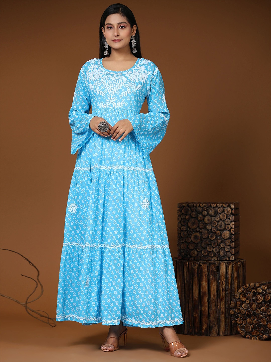 

HOUSE OF KARI Floral Embroidered Tiered Fit & Flare Maxi Ethnic Dress, Blue