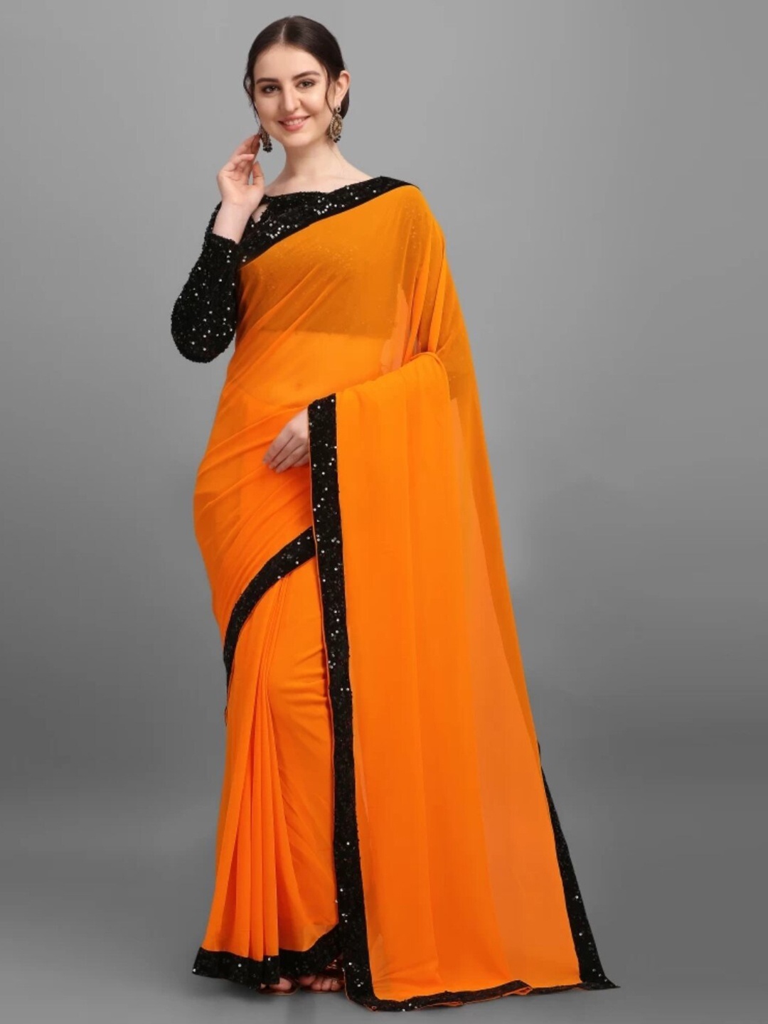 

ORUS Embellished Sequinned Pure Georgette Saree, Orange