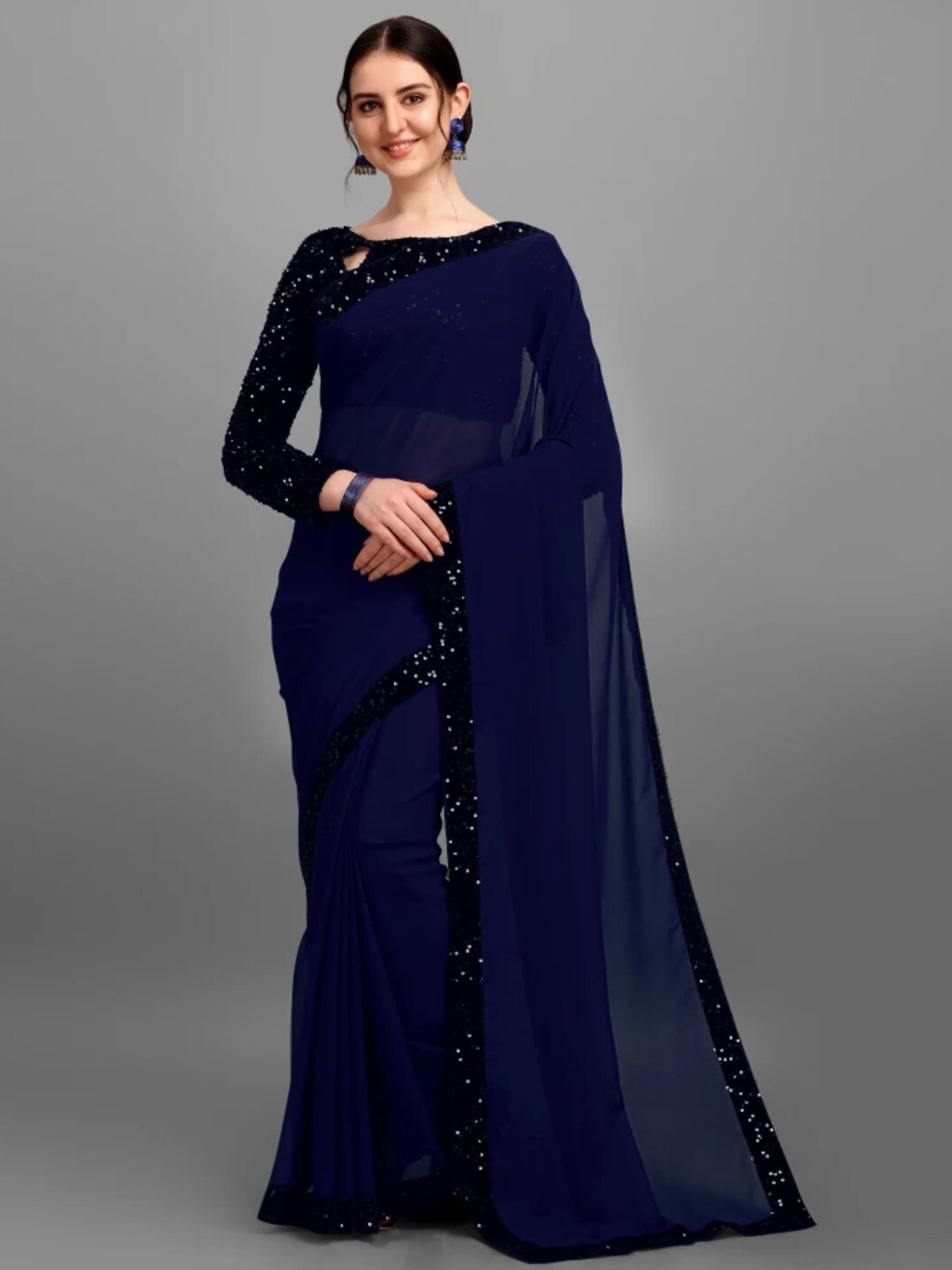 

ORUS Embellished Sequinned Border Pure Georgette Saree, Navy blue
