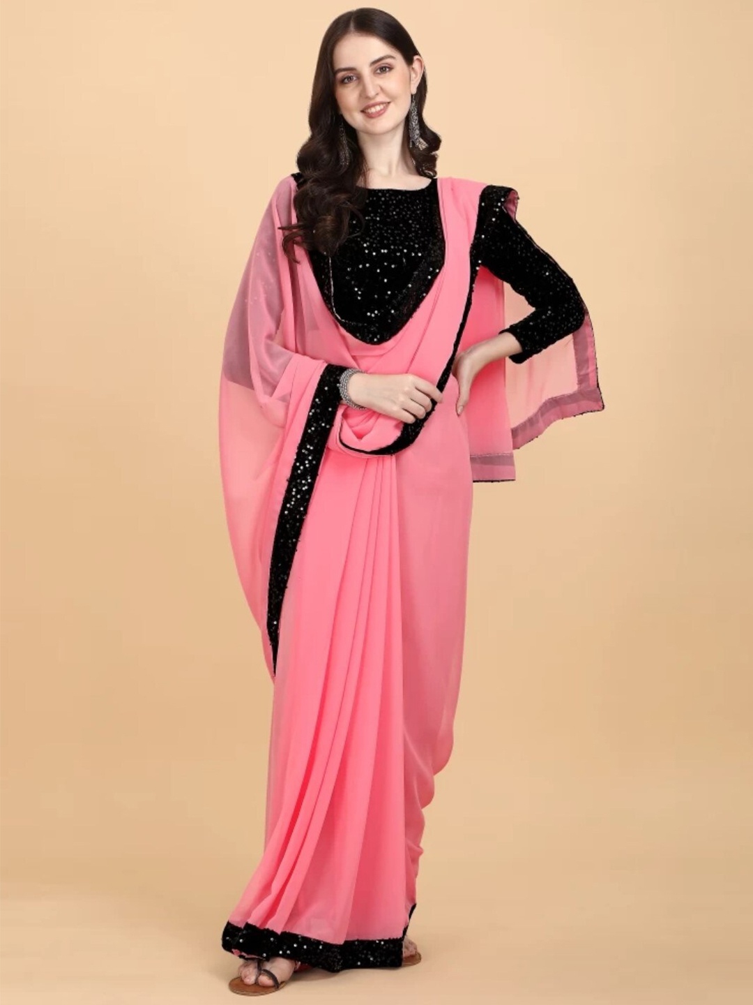 

ORUS Embellished Sequinned Border Pure Georgette Saree, Pink