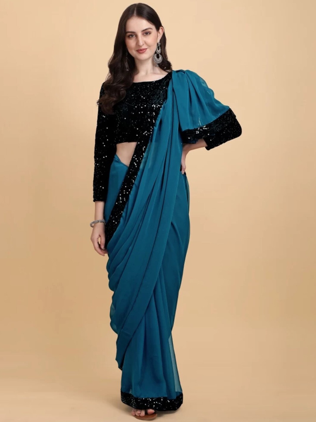 

ORUS Embellished Pure Georgette Saree, Teal