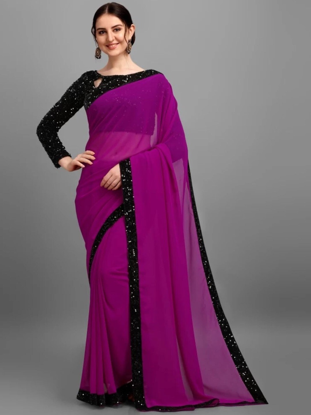 

ORUS Embellished Sequinned Pure Georgette Saree, Purple