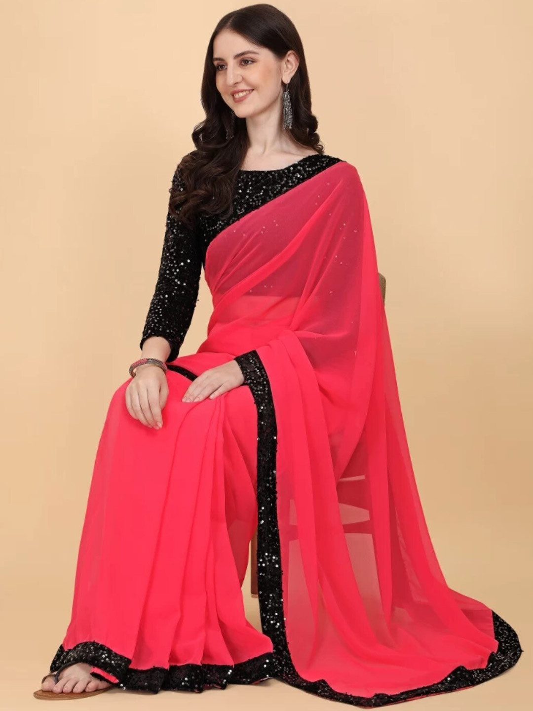 

ORUS Embellished Pure Georgette Saree, Peach