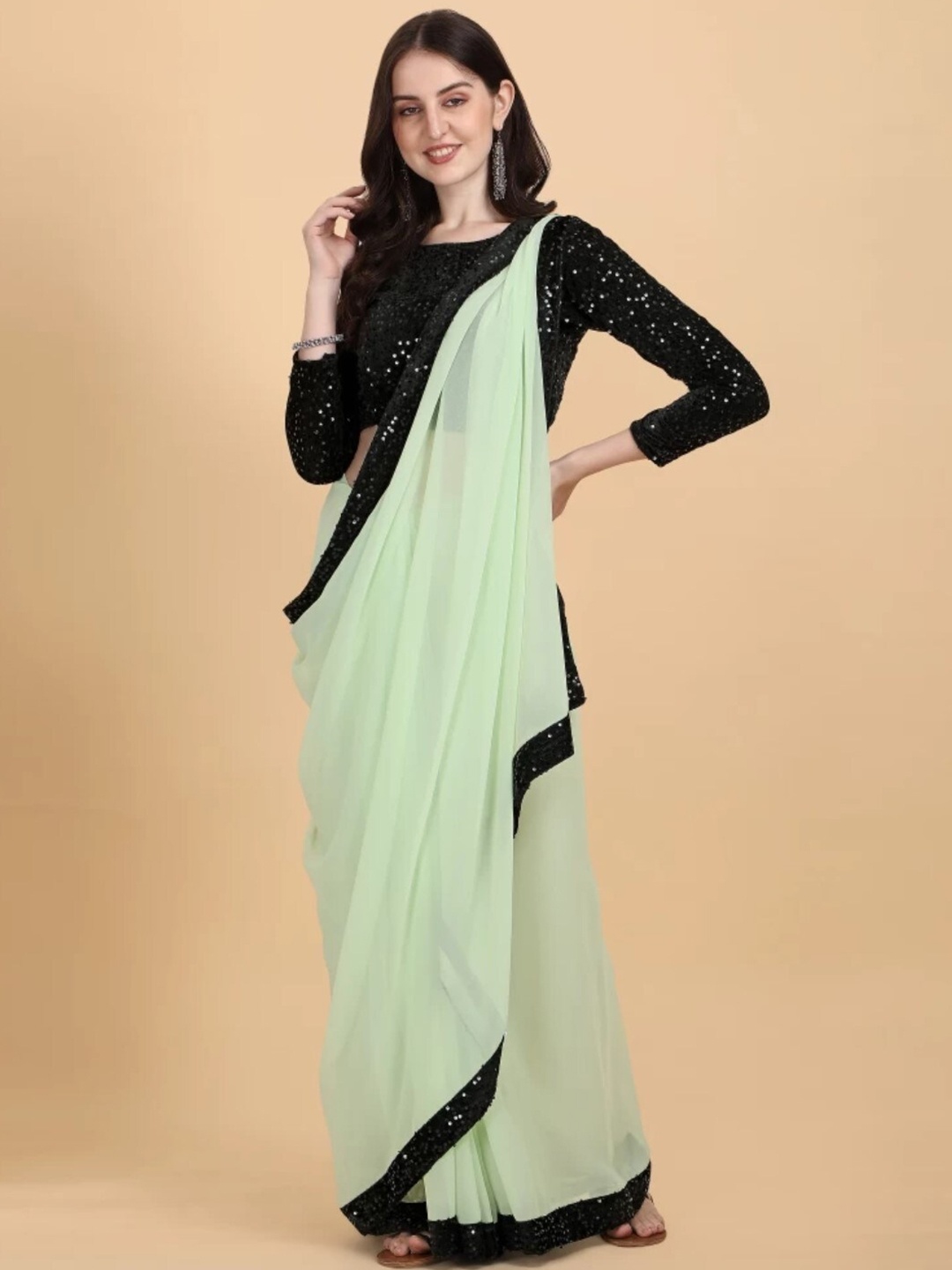 

ORUS Embellished Pure Georgette Saree, Green