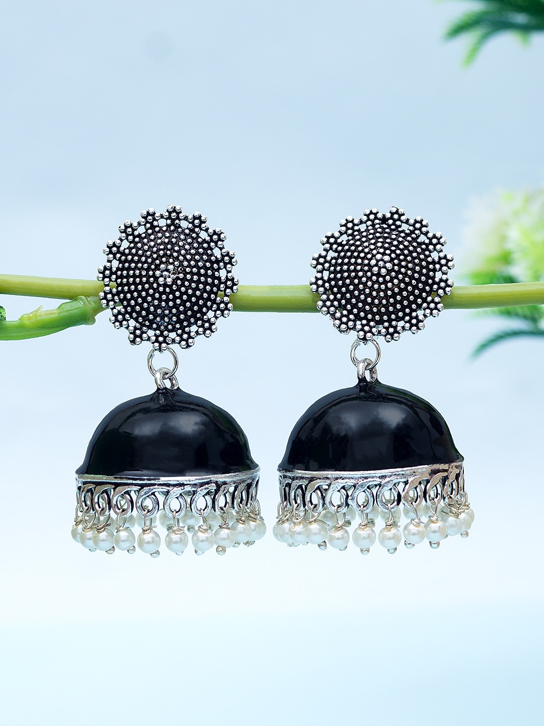 

Golden Peacock Silver-Plated Oxidised Dome Shaped Jhumkas Earrings