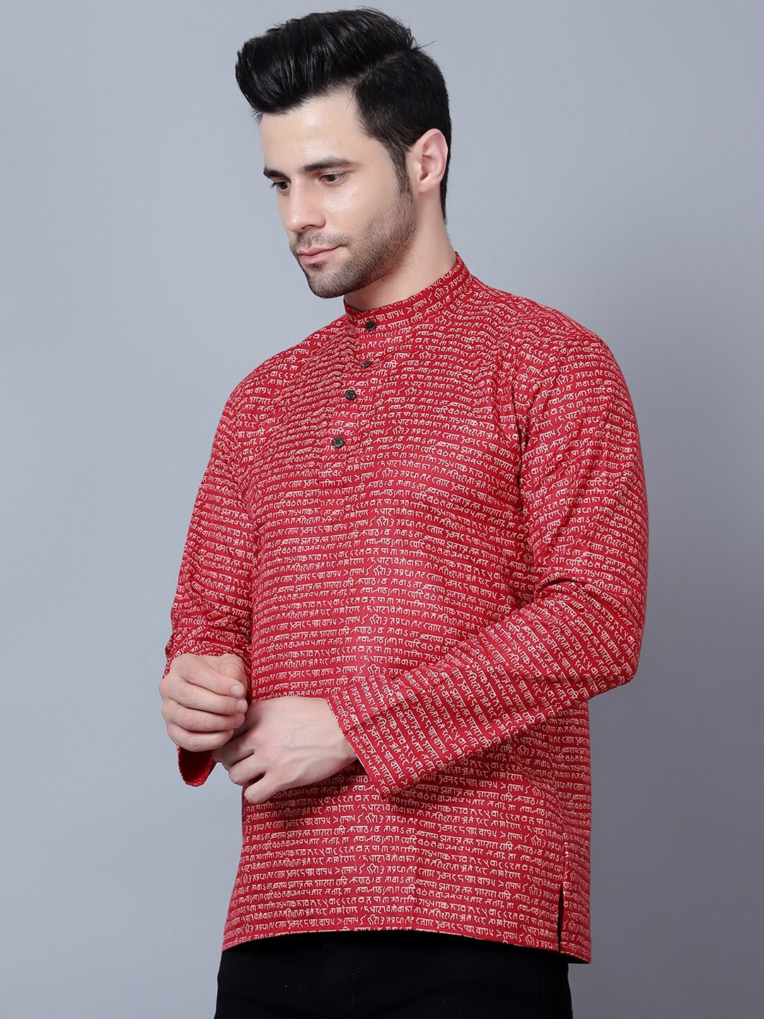 

HERE&NOW Band Collar Ethnic Motifs Printed Cotton Short Kurta, Red