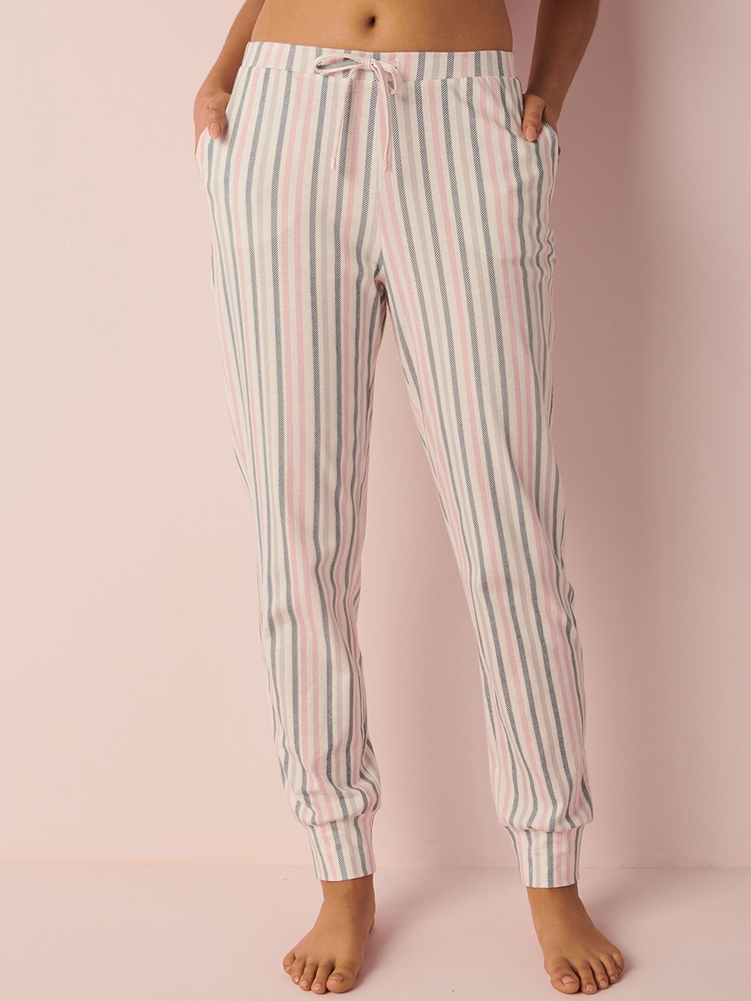 

La Vie en Rose Women Striped Pure Cotton Lounge Pants, White