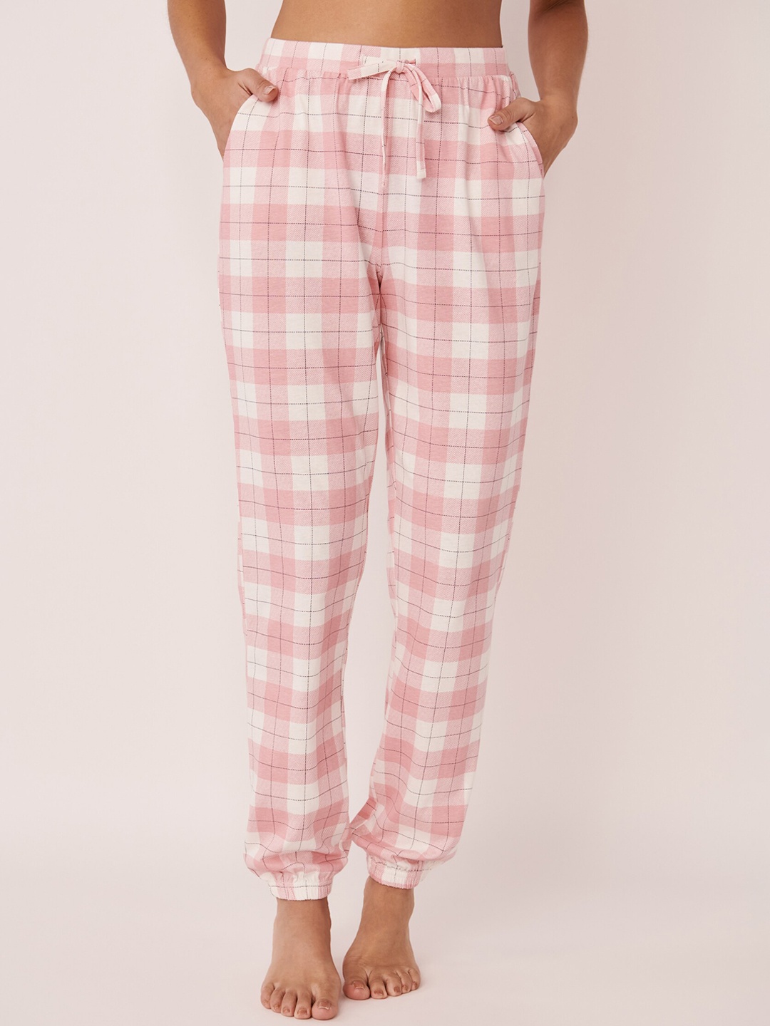 

La Vie en Rose Women Checked Pure Cotton Mid-Rise Lounge Pants, Pink