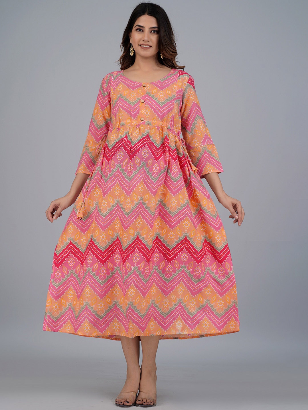 

KASHEEDA Chevron Printed Fit & Flare Maternity Midi Ethnic Dress, Pink