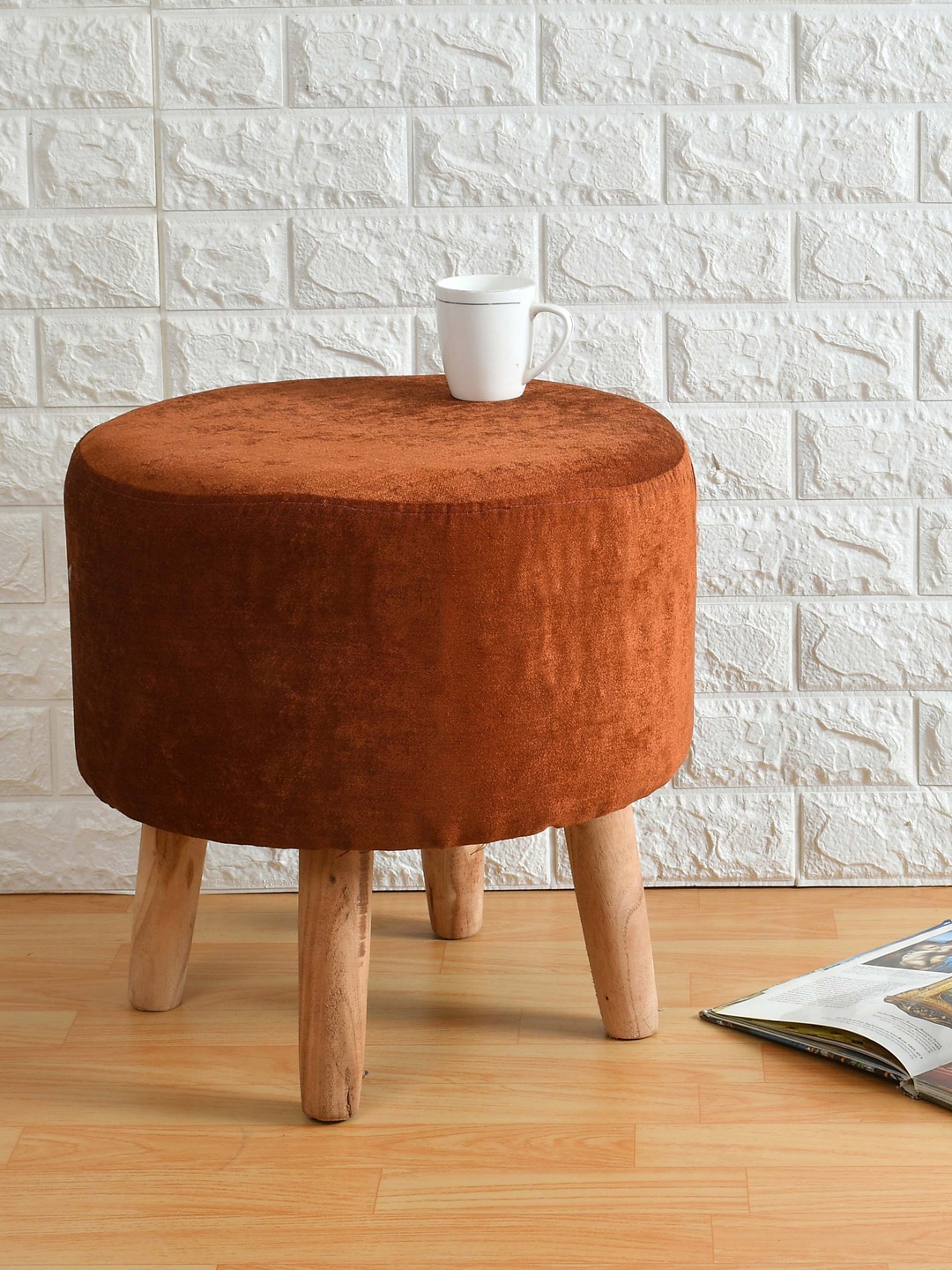 

PRESTO Orange-Colored & Beige Wooden Stool Ottomans