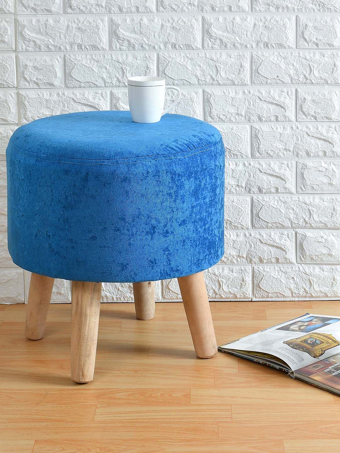 

PRESTO Blue & Beige Wooden Stool Ottoman