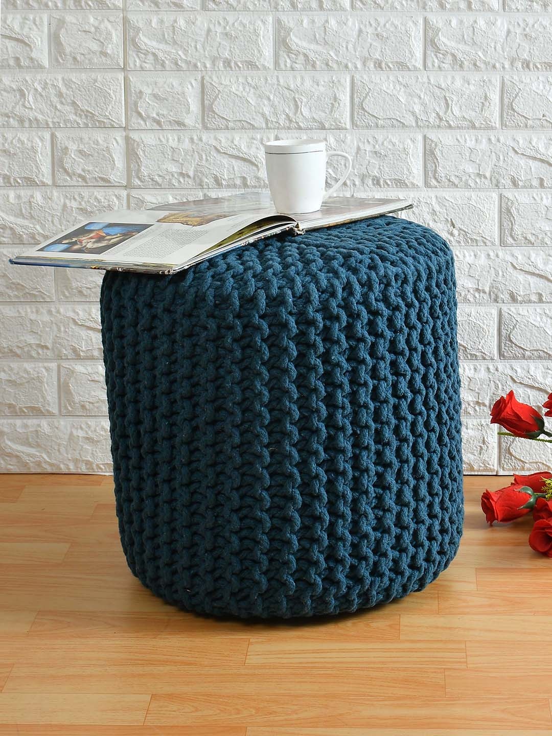 

PRESTO Turquoise Blue Twisted Rope Design Knitted Cotton Cylindrical Ottoman