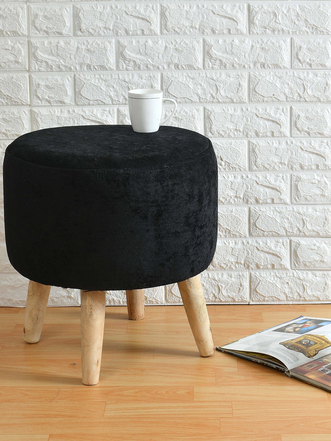 

PRESTO Black & Beige Microfiber Wooden Round Stool Ottoman