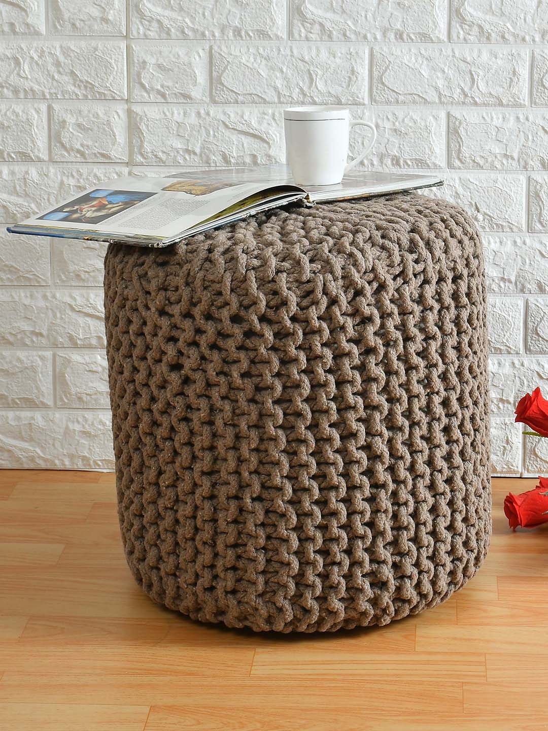 

PRESTO Beige Twisted Rope Design Knitted Cotton Cylindrical Ottoman