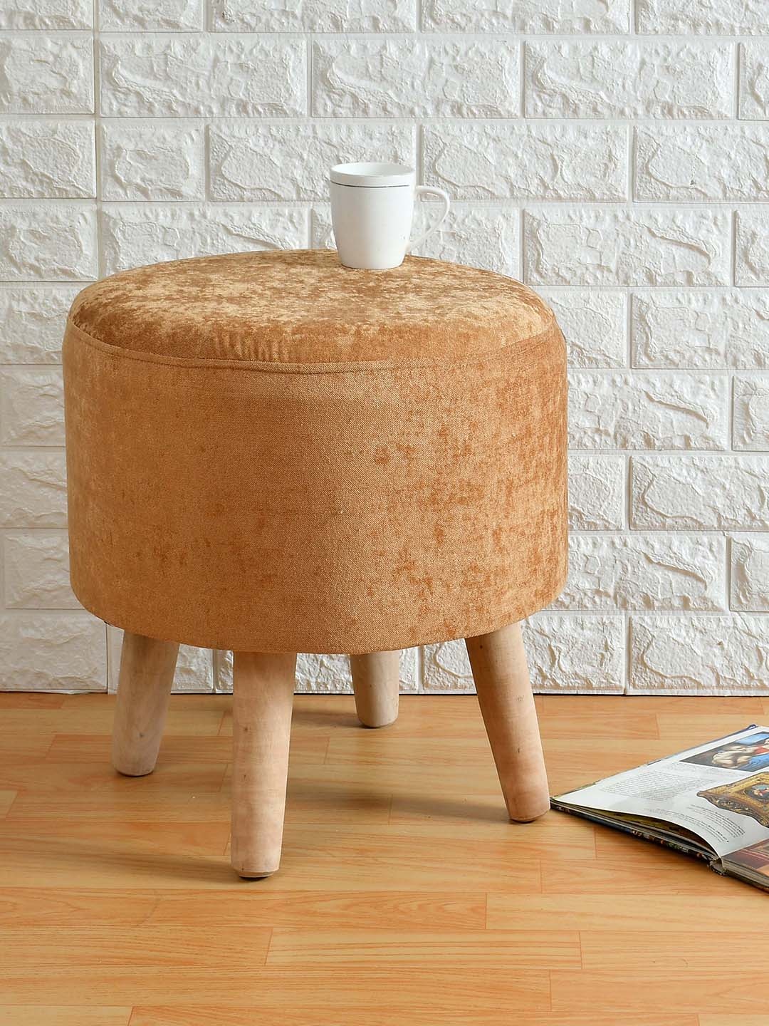 

PRESTO Gold-Coloured & Beige Wooden Stool Ottoman