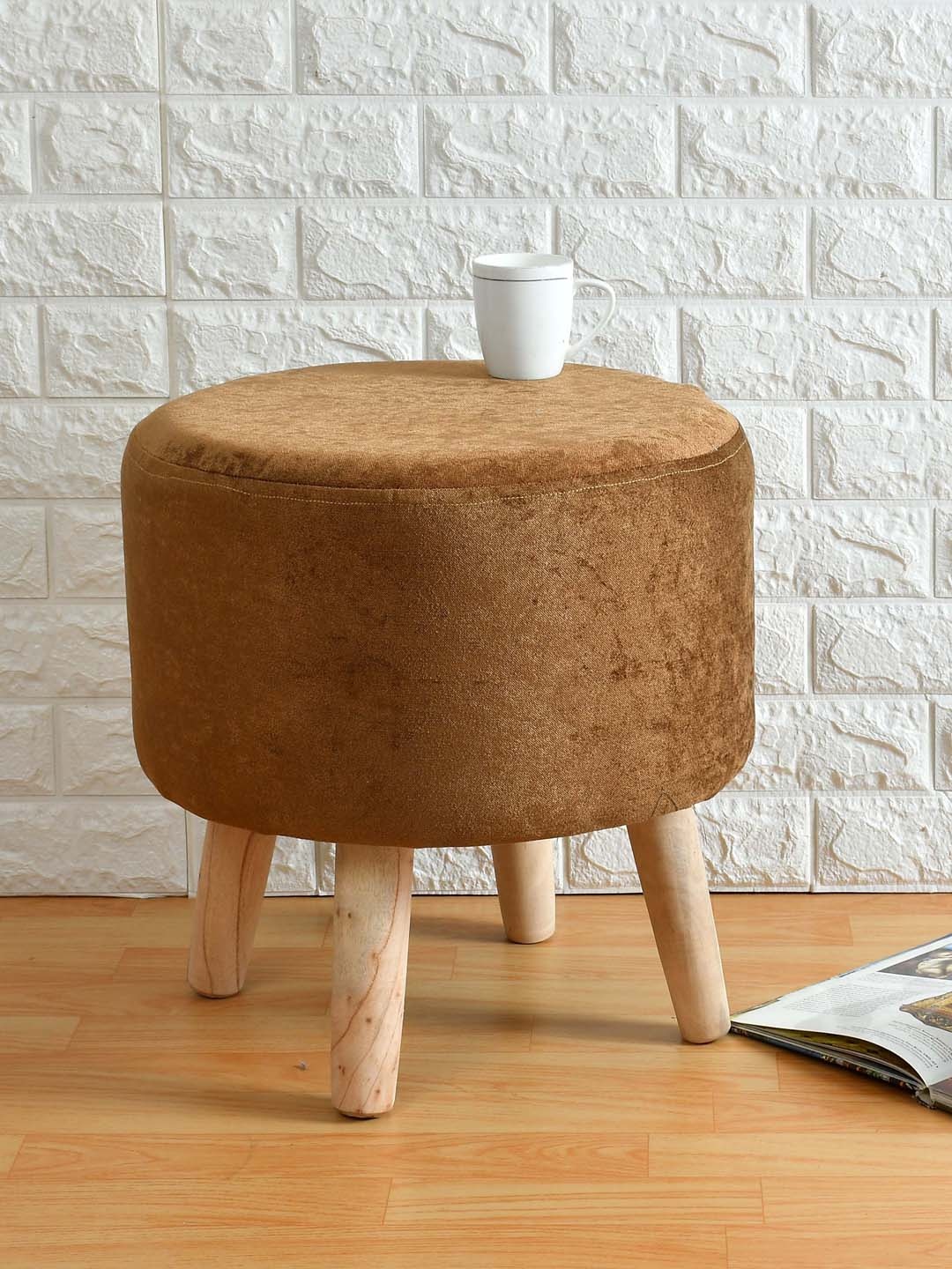 

PRESTO Brown & Beige Round Ottomans With Wooden Legs