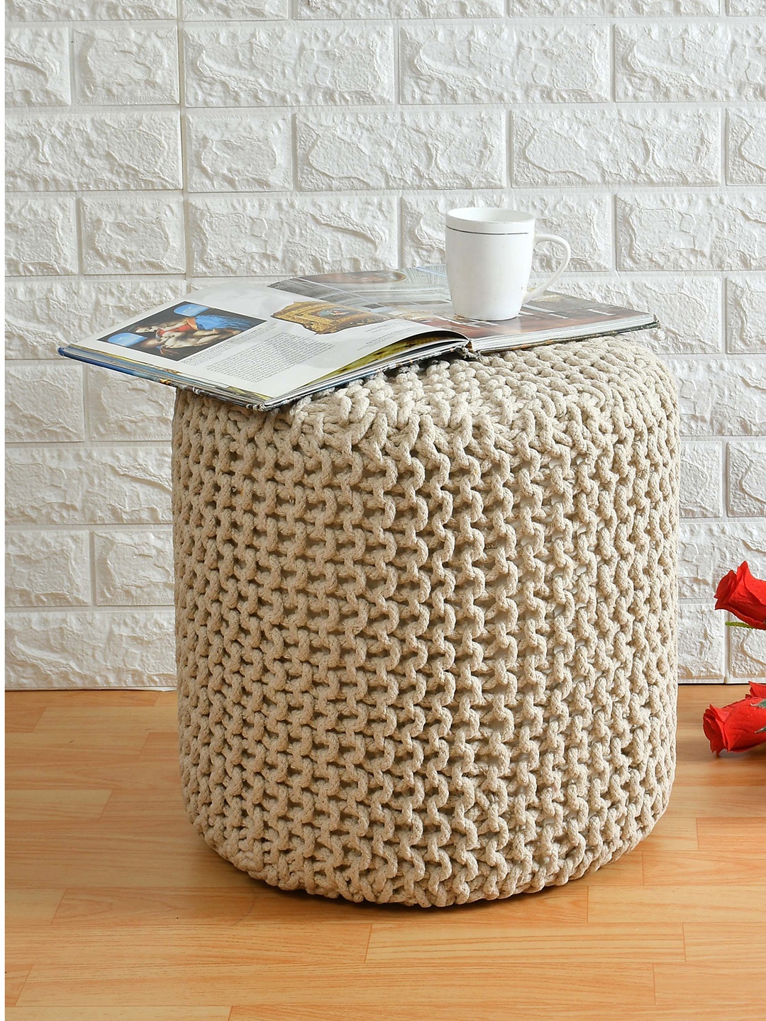 

PRESTO Cream-Colored Cotton Twisted Rope Pouffe Ottomans