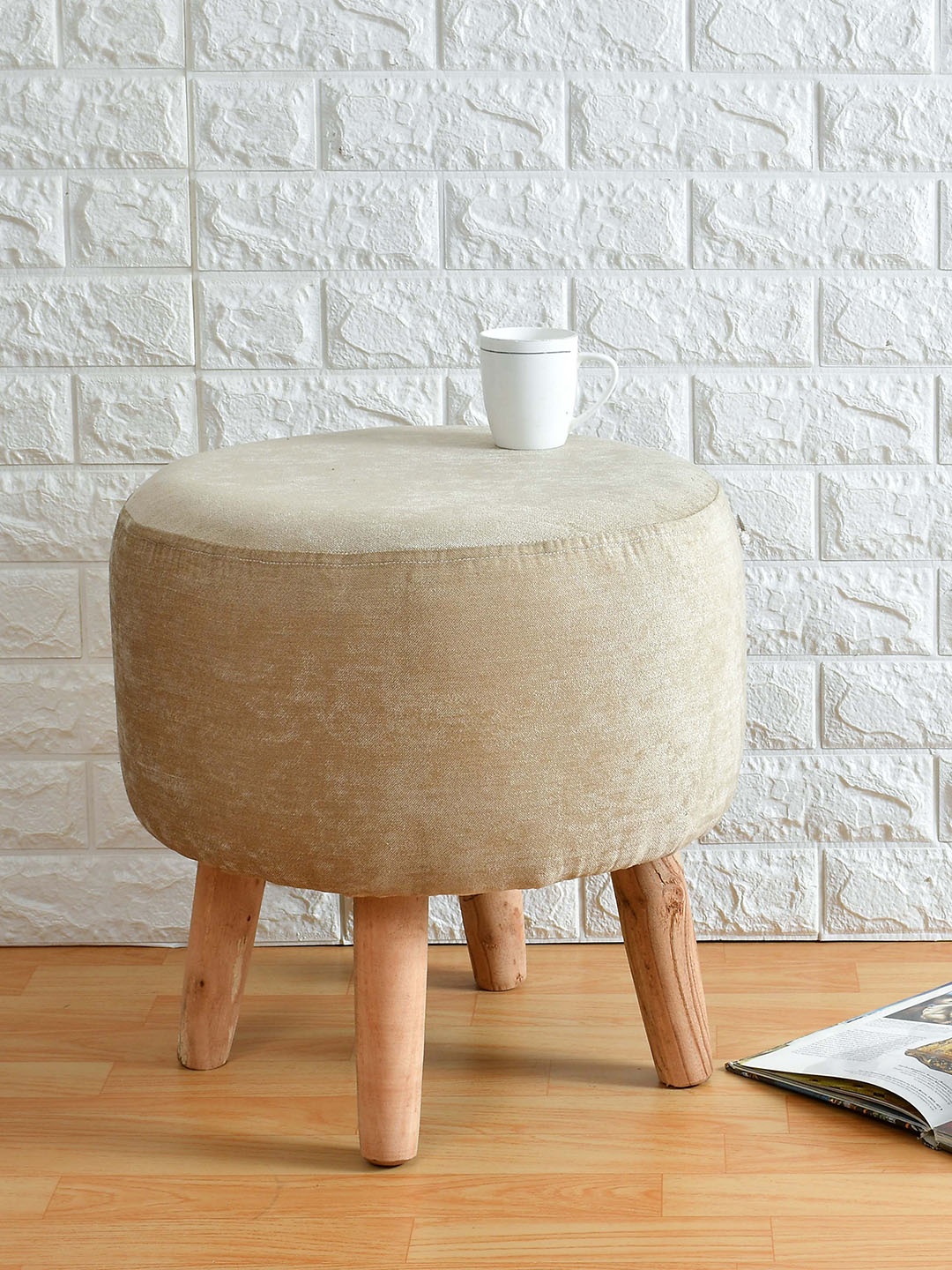 

PRESTO Beige & Brown Microfiber Round Wooden Stool