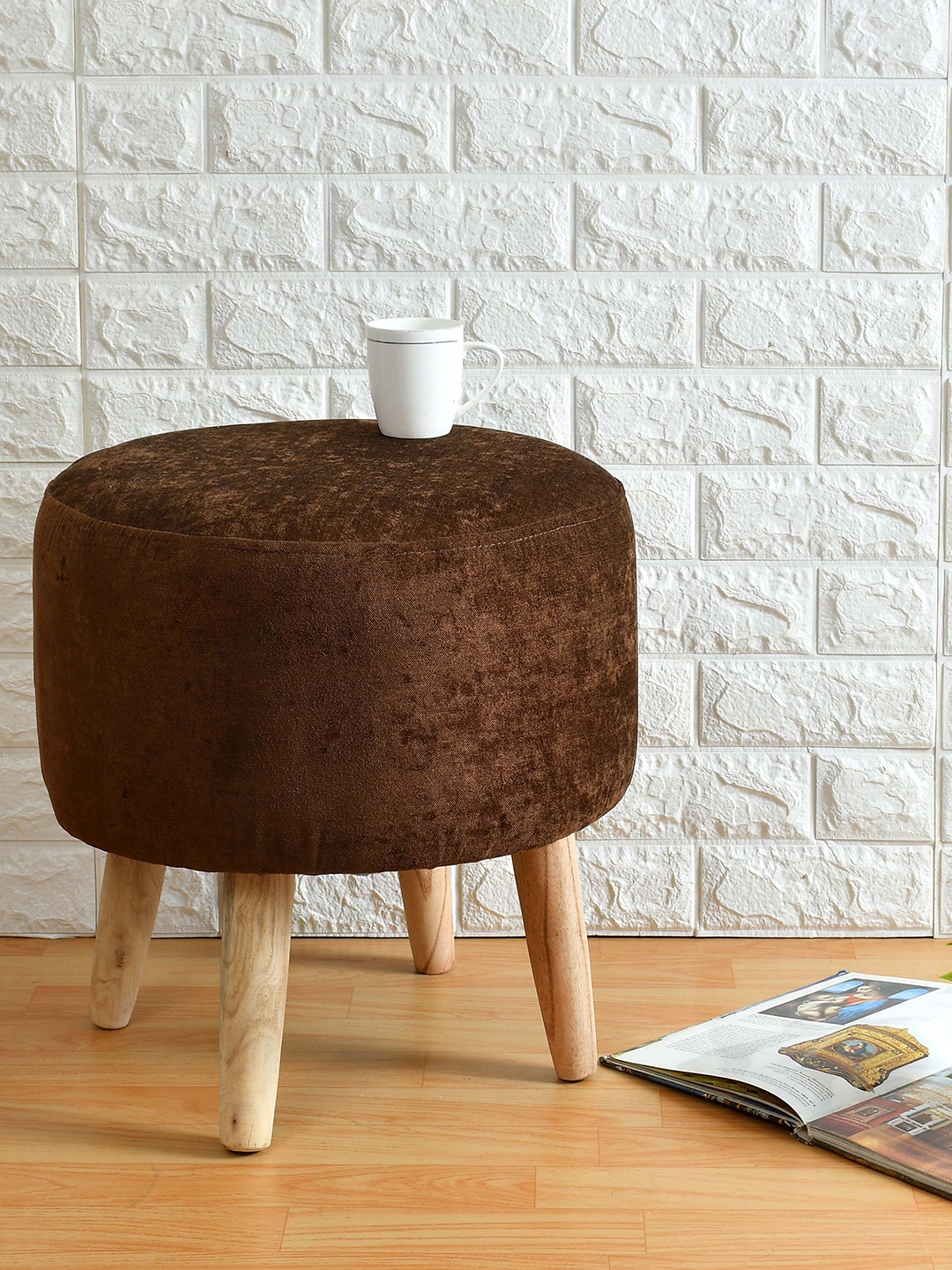 

PRESTO Beige & Brown Microfiber Round Wooden Stool