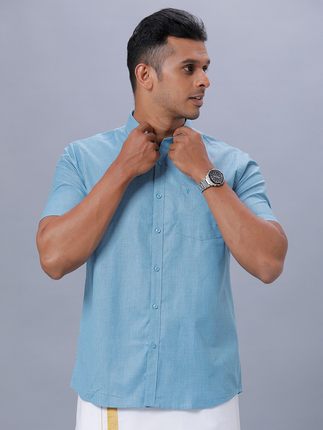 

Ramraj Spread Collar Ethnic Shirt, Blue