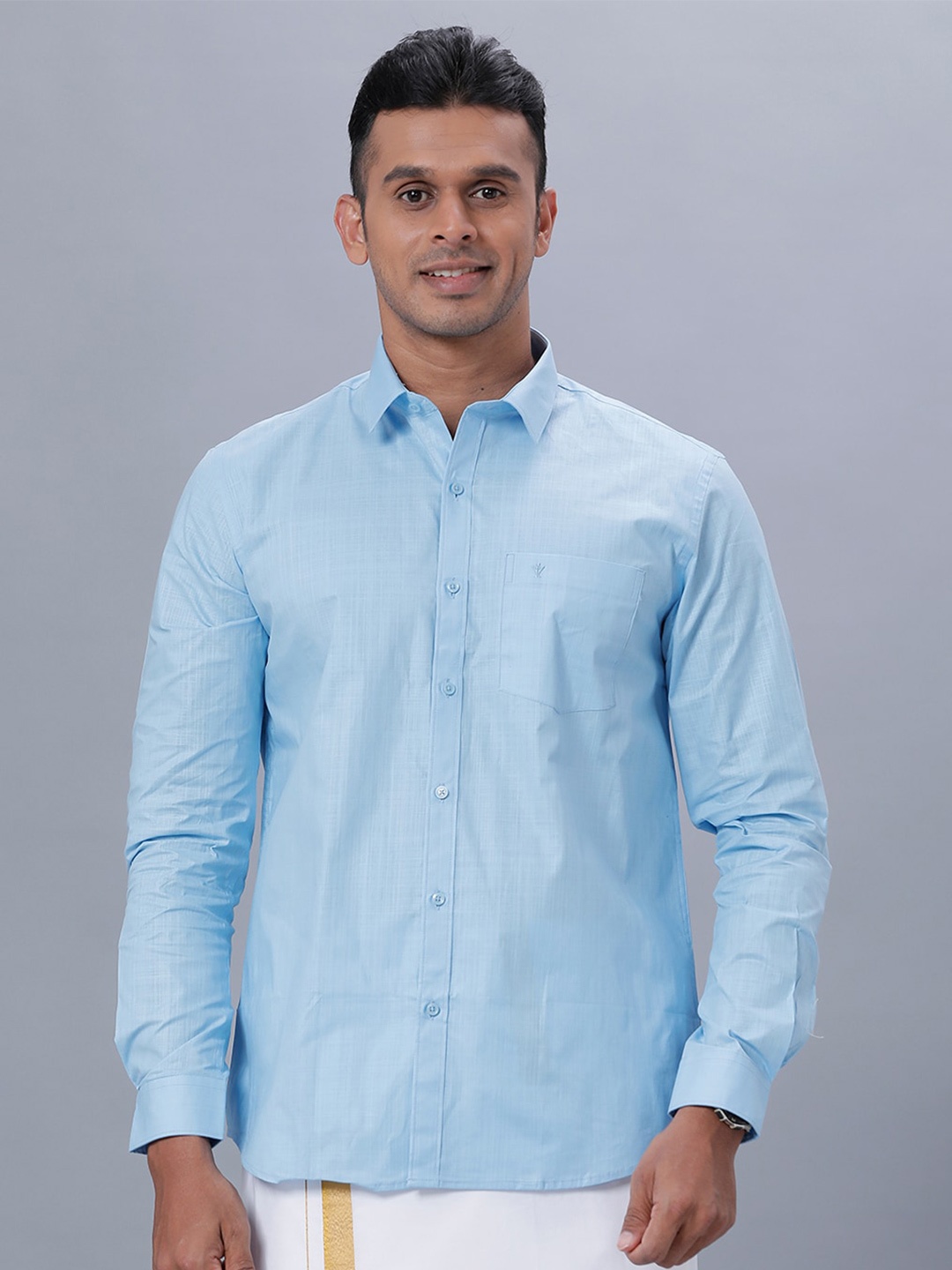 

Ramraj Micro Checked Spread Collar Long Sleeves Casual Shirt, Blue