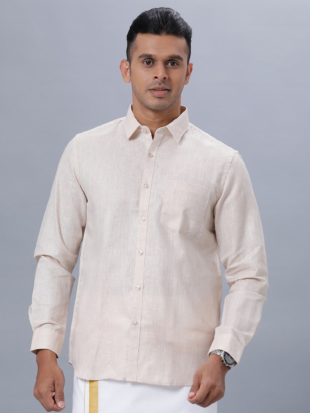 

Ramraj Spread Collar Ethnic Shirt, Beige