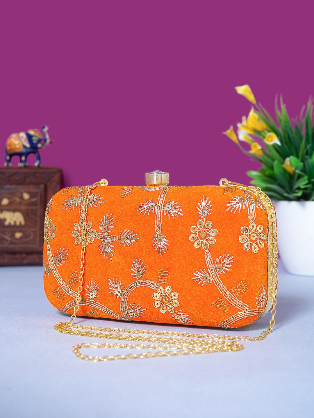 

Golden Peacock Floral Embroidered Box Clutch, Orange
