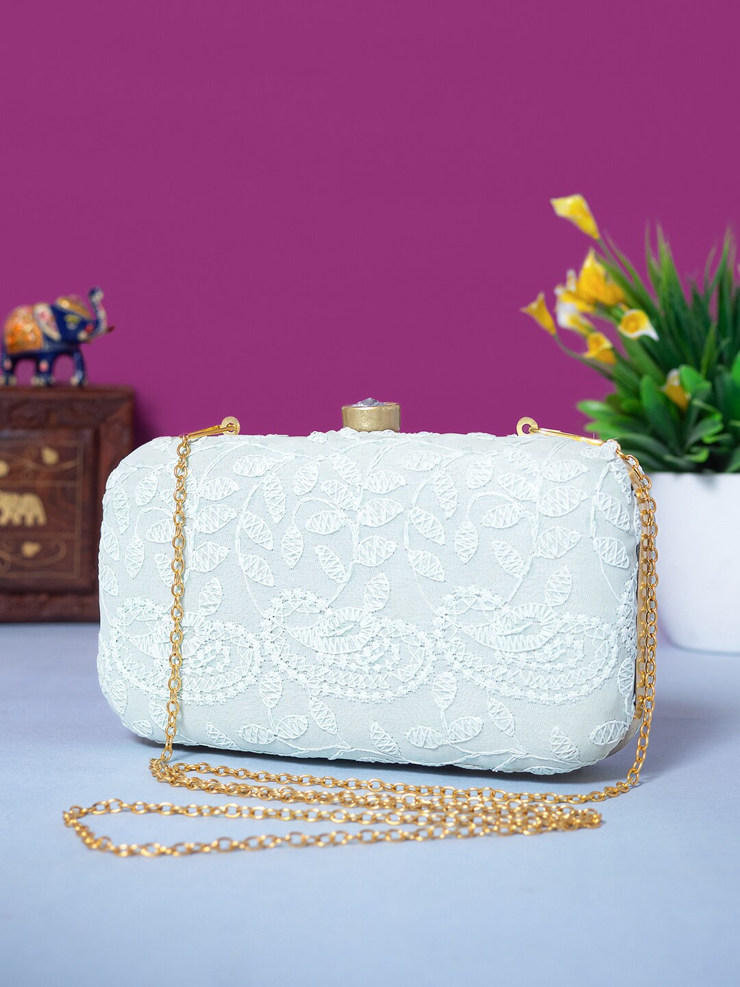 

Golden Peacock Embroidered Box Clutch, Green