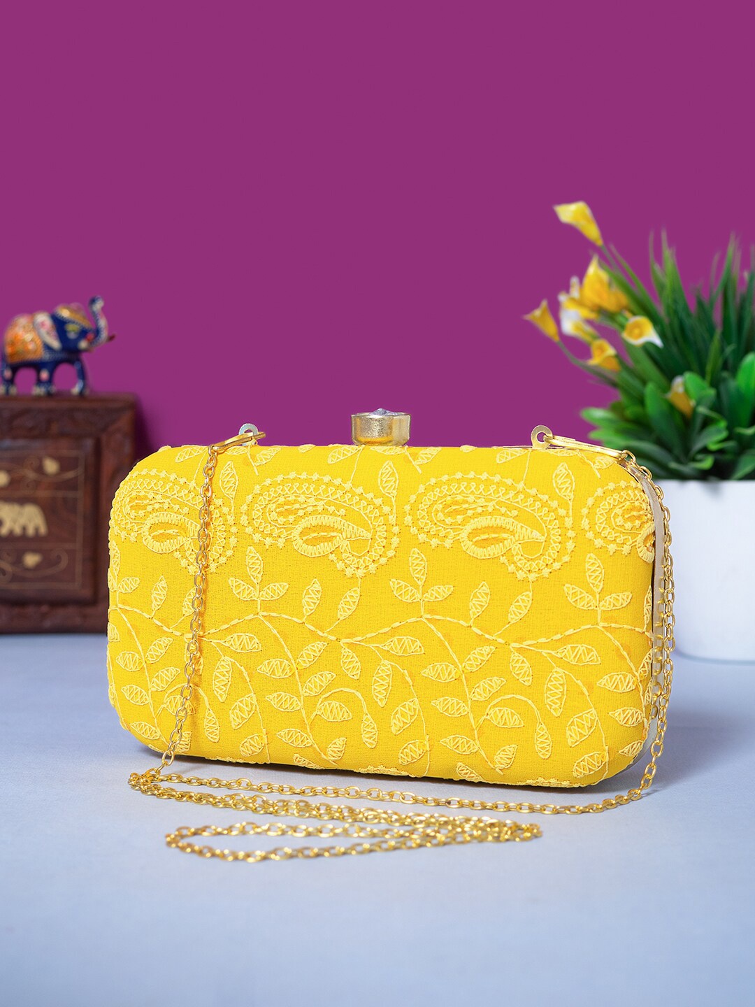 

Golden Peacock Embroidered Box Clutch, Yellow