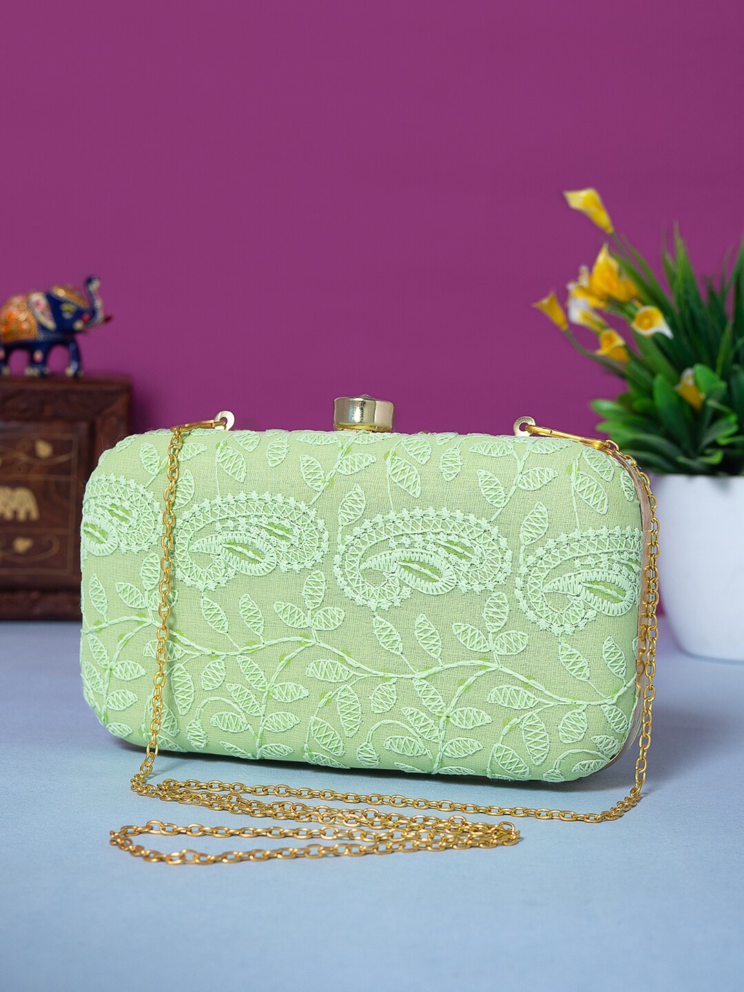 

Golden Peacock Embroidered Box Clutch, Lime green