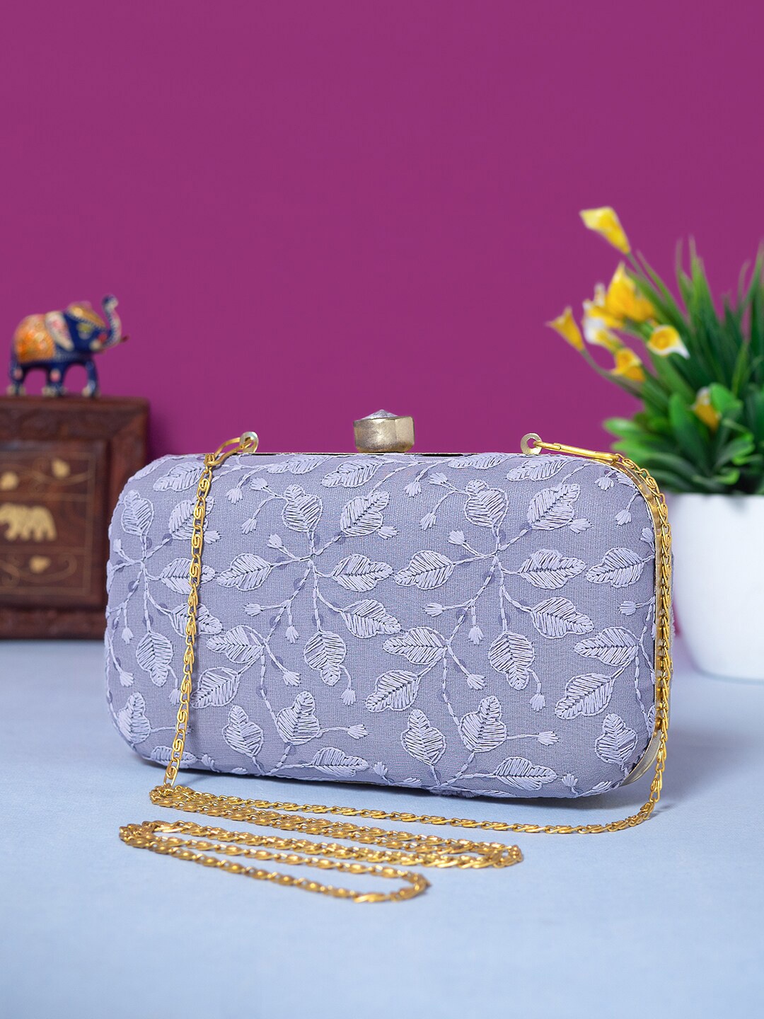 

Golden Peacock Embroidered Box Clutch, Lavender