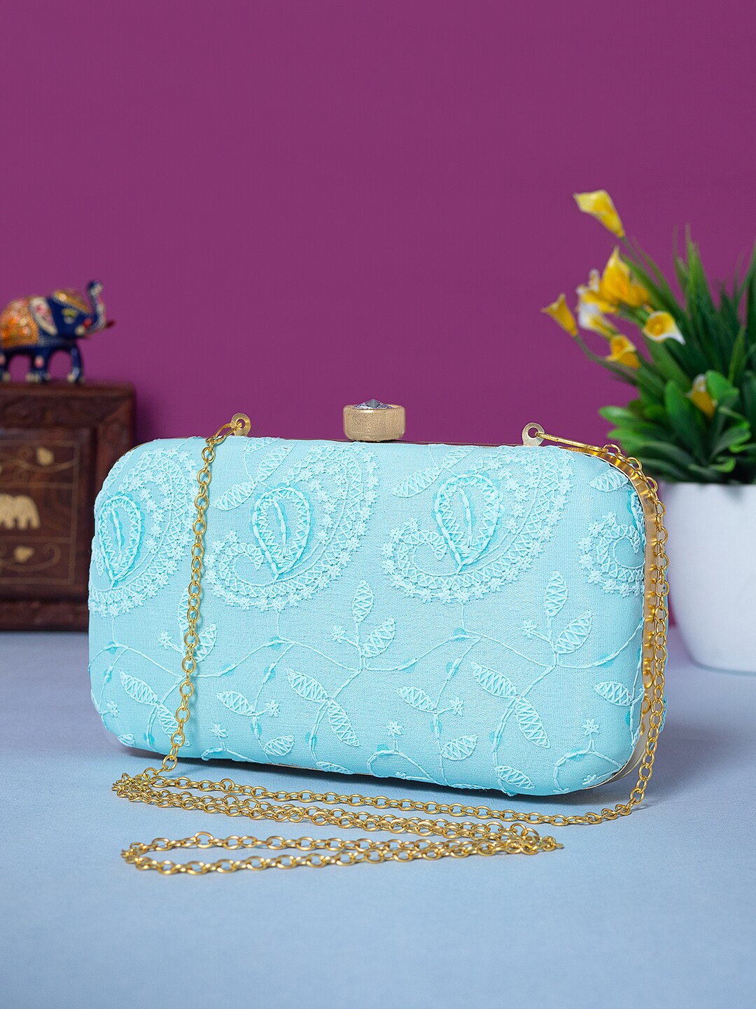

Golden Peacock Embroidered Box Clutch, Turquoise blue