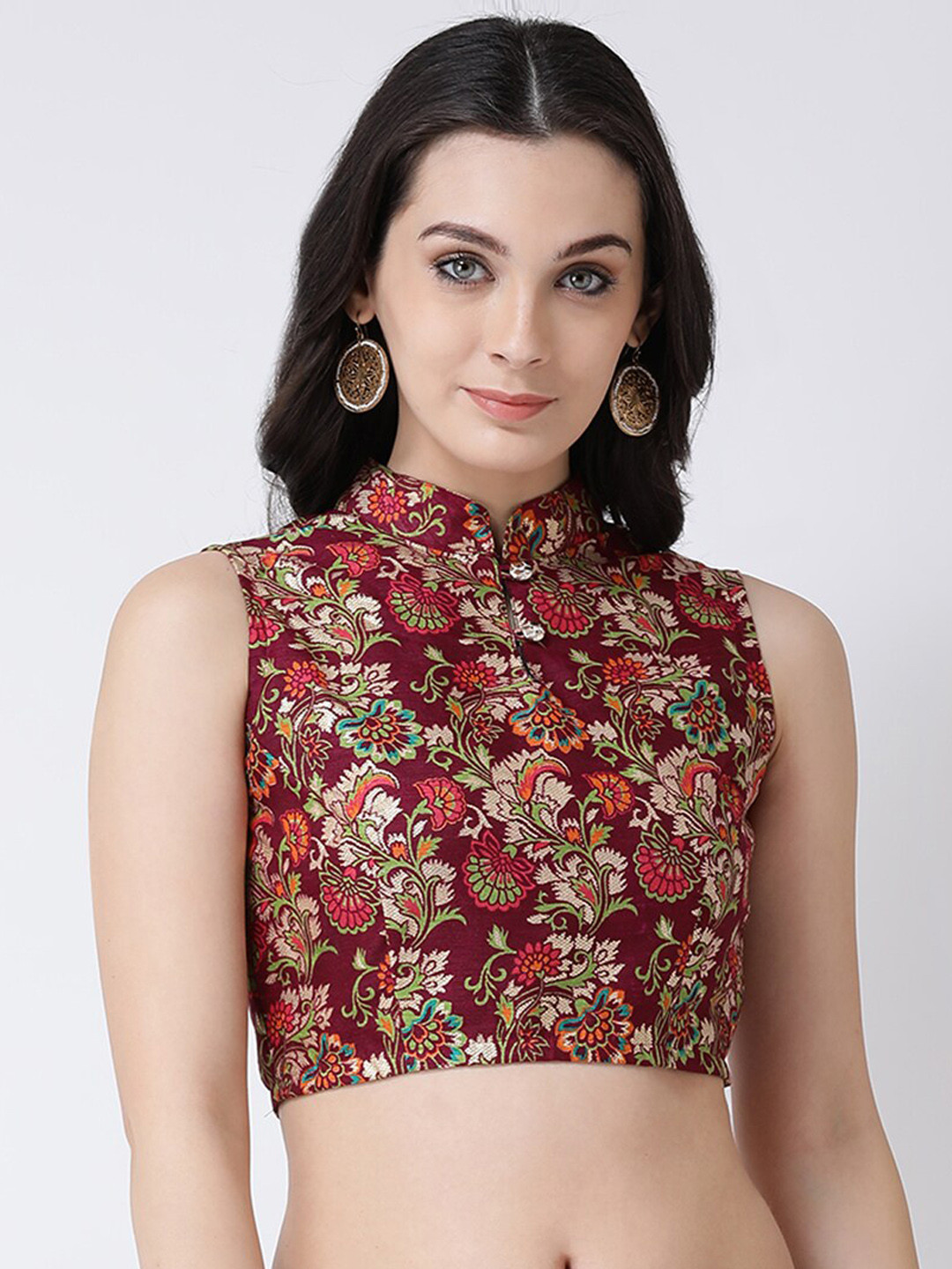 

Castle Lifestyle Floral Printed Mandarin Collar Silk Blouse, Burgundy