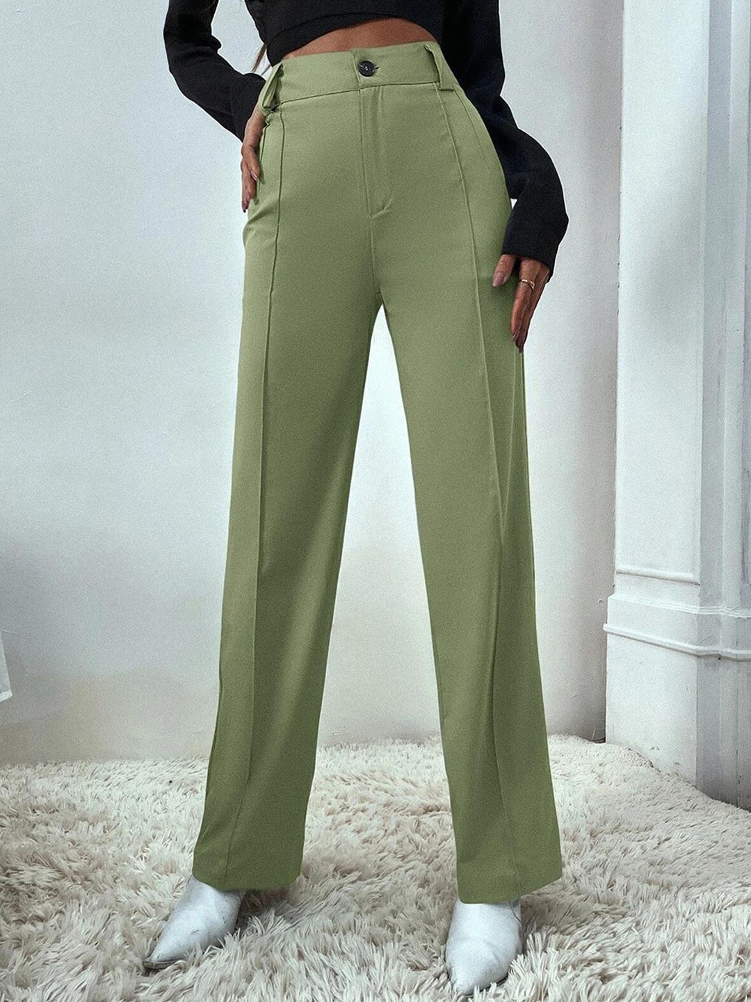 

KOTTY BIZwear Women Relaxed Straight Fit High-Rise Easy Wash Trouser, Green