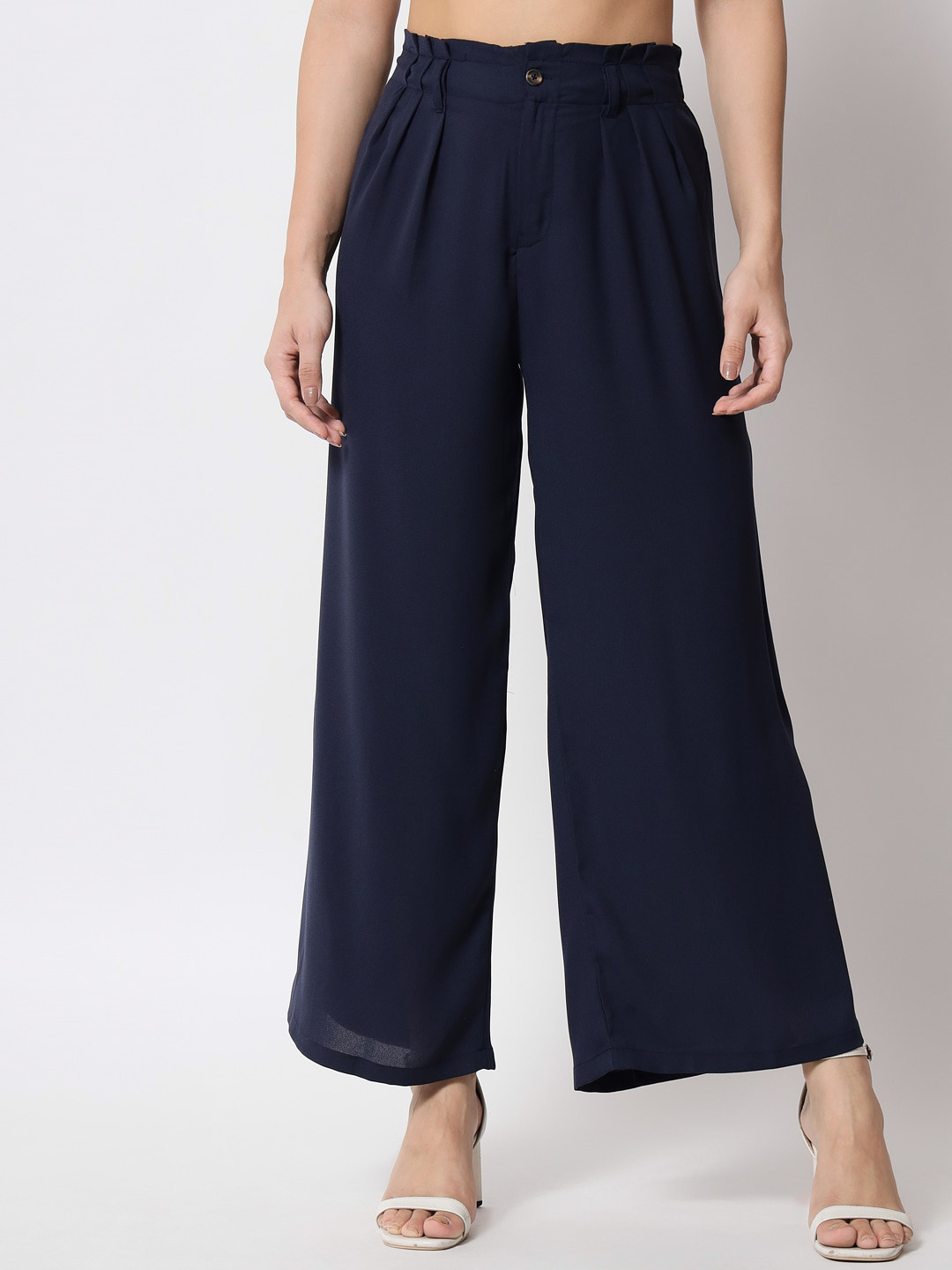 

Kotty Women Relaxed Flared High-Rise Easy Wash Pleated Parallel Trousers, Navy blue